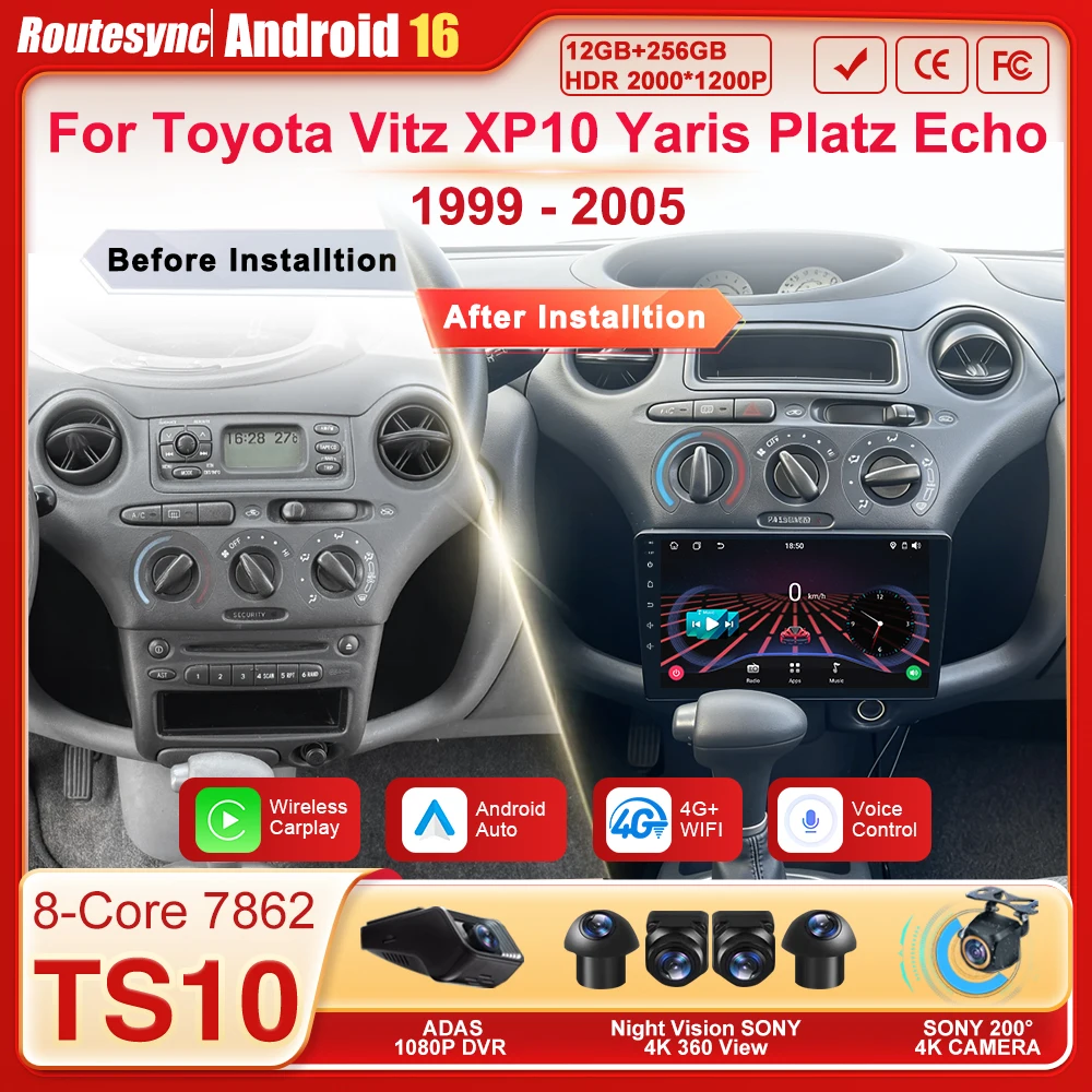 

Автомагнитола с CarPlay, Android, GPS-навигацией, 4G, Bluetooth для Toyota Vitz XP10, Yaris, Platz, Echo 1999-2005 годов выпуска.