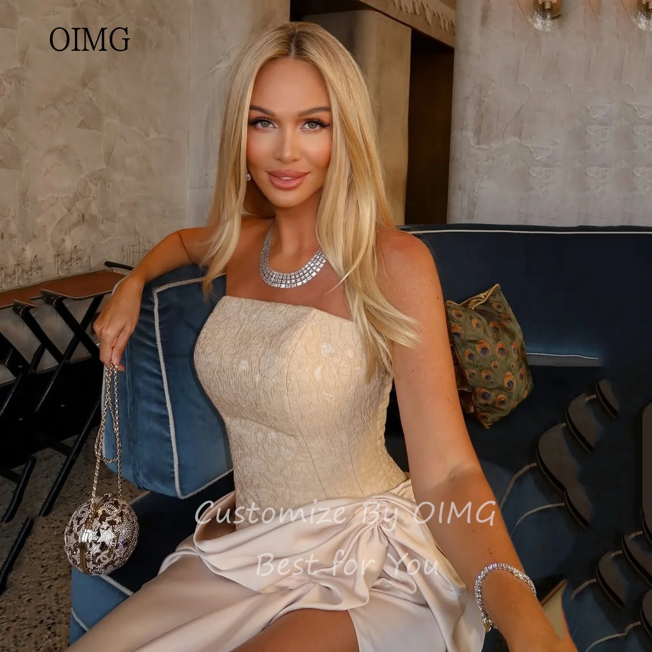 OIMG Seksowne Koronkowe Sukienki Wieczorowe Bez Ramiączek w Stylu Syreny, Sukienki na Bal Bez Pleców z Rozcięciem na Boku, Długie Suknie Wieczorowe do Ziemi, Vestidos de Gala, Szyte na Miarę