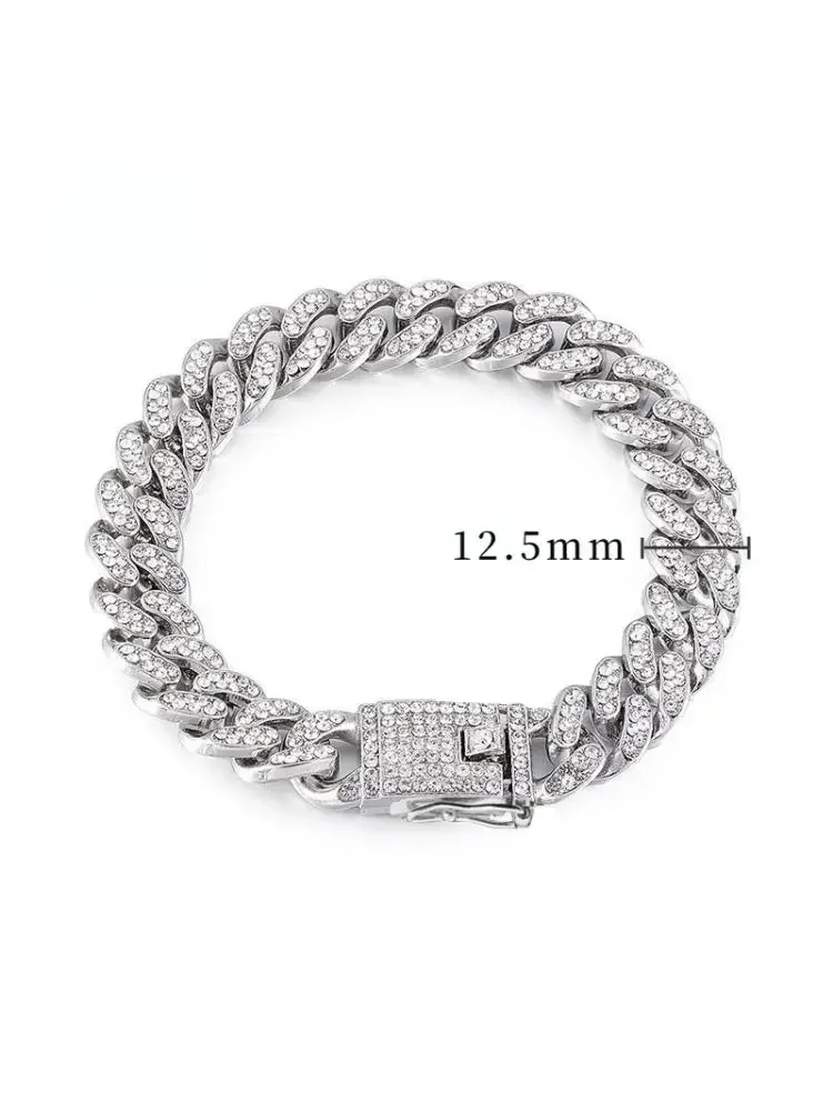 Pet Dog Cat Cuban Chain Collar Jewelry Metal With Diamond 12.5mm Width Pitbull Personalised Dogs Collars Accessories