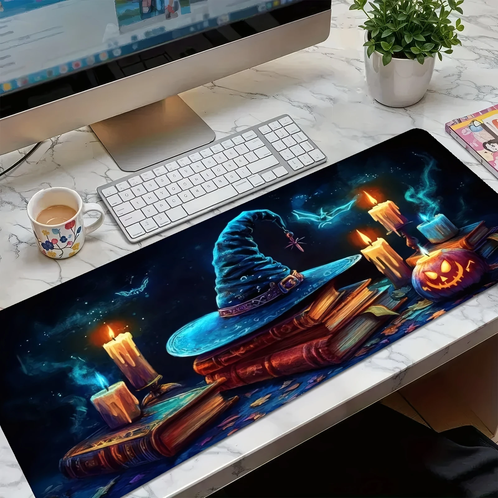 Witch Hat Magic Books Candles Gaming Mouse Pad Stitched Edge Desk Mat for Office Study Setup