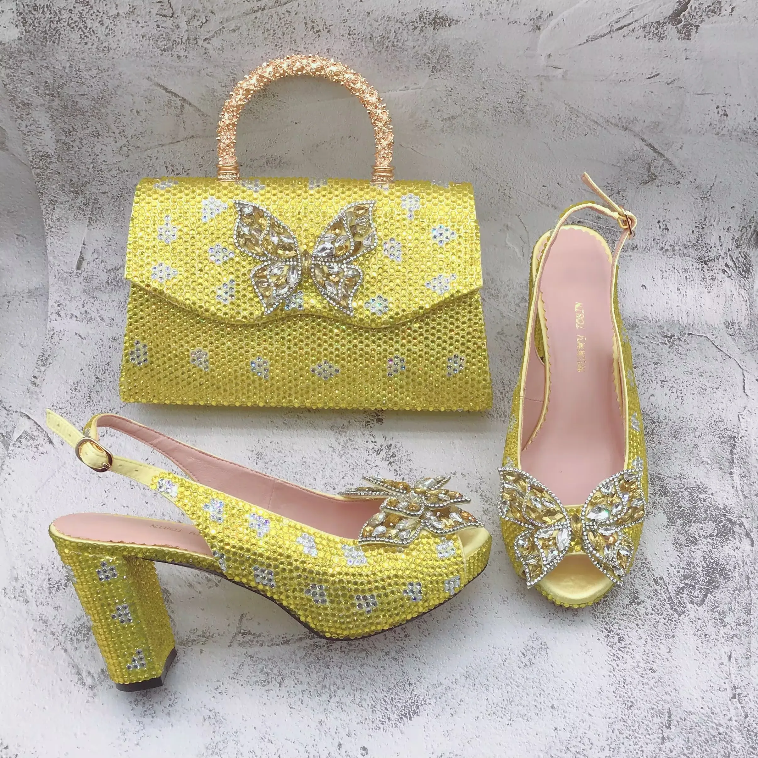 

BS1750 Роскошные итальянские туфли ручной работы с бабочками на заказ, лимонно-желтые стразы итальянские туфли с подходящими сумками, набор для свадьбы, дня рождения