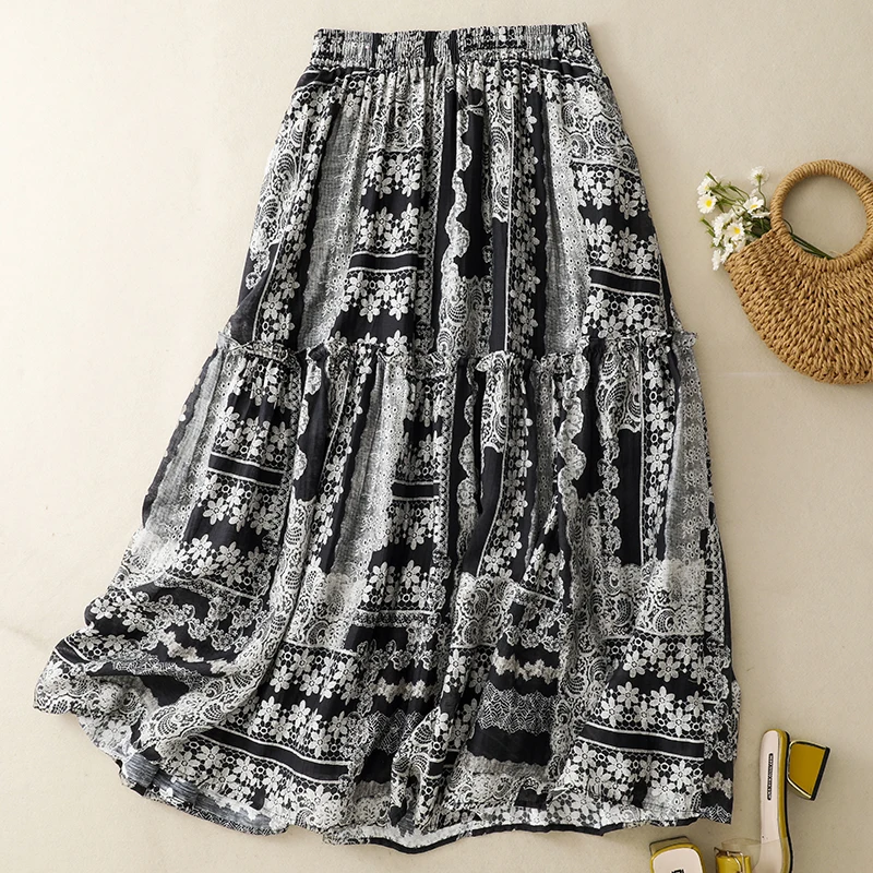 

Summer Elastic High Waist Artistic Cotton Linen Print f Skirt Purple Elastic Waist Wide Hem Skirt Vintage Sle Long Dr