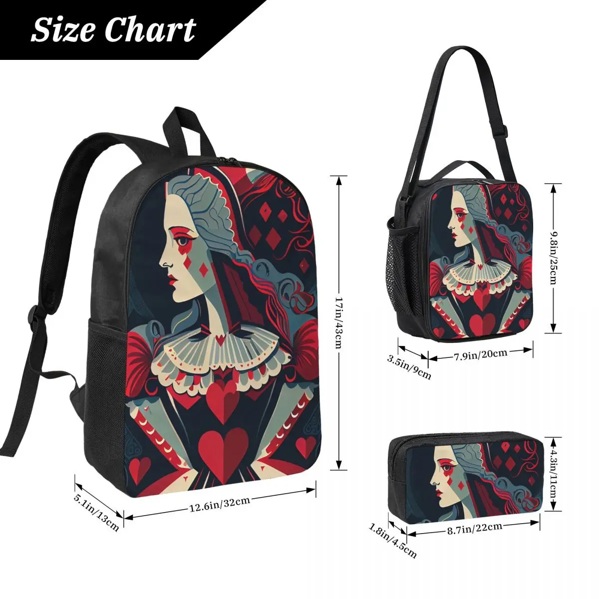 Casino Nights Red Queen Of Hearts Backpack Student BookBag School Bag Laptop Shoulder Bags 3ps Insulated Lunch Bag Pencil Case