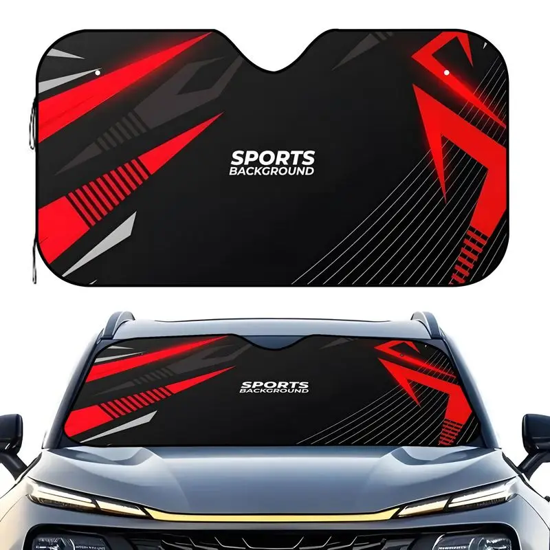 Red And Black Sports Print Pattern Car Sunshade, Anti-Insulation, Foldable, Universal Front Windshield Sunshade