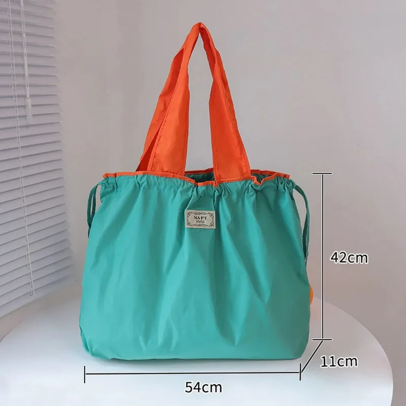 Stylish Colorblock Drawstring Tote Bag, Lightweight Reusable Shoulder Bag with Cinch Closure Shopping Bag for Daily Errands