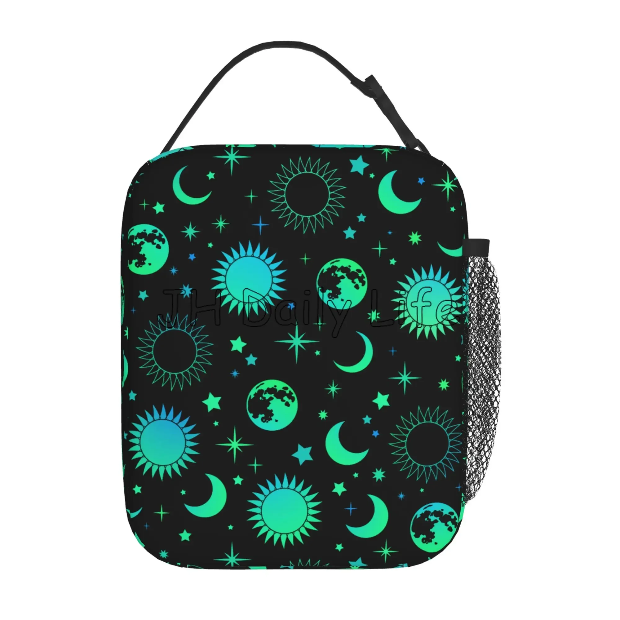 Vintage Neon Green Esoteric Sun Moon Insulated Lunch Tote Bag Reusable Thermal Lunch Box for Women Girls Boys School Work Picnic