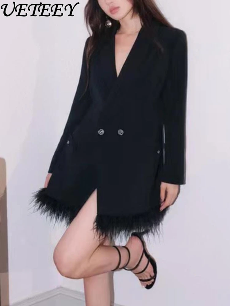 

Furry Fringe Design Sense Niche Black Backless Hollowed Leisure Loose Slim Fit Suit Jacket for Women Spring and Autumn Coat