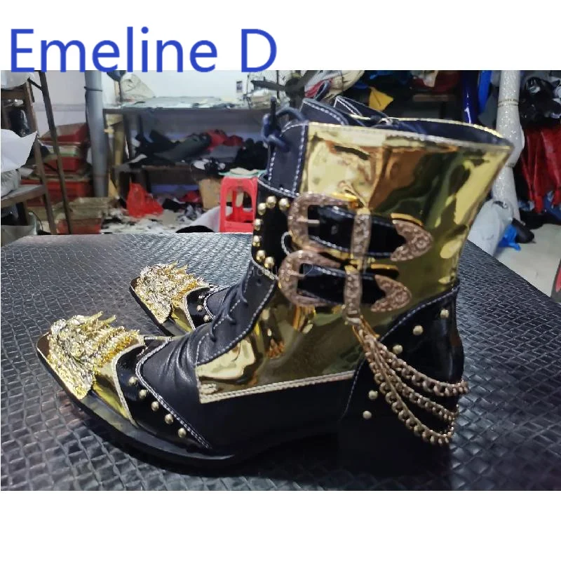 Multi Material Element Splicing Short Boots Fashionable Gold Pointed Metal Decoration Rivet Side Zipper Design Leather Boots