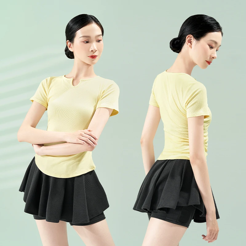 Women Dance Tops Short Sleeves V-neck Yoga Dance Shirts Girls Ballet Tops  Strong Stretch Gymnastics Top Costume Lady Blouse