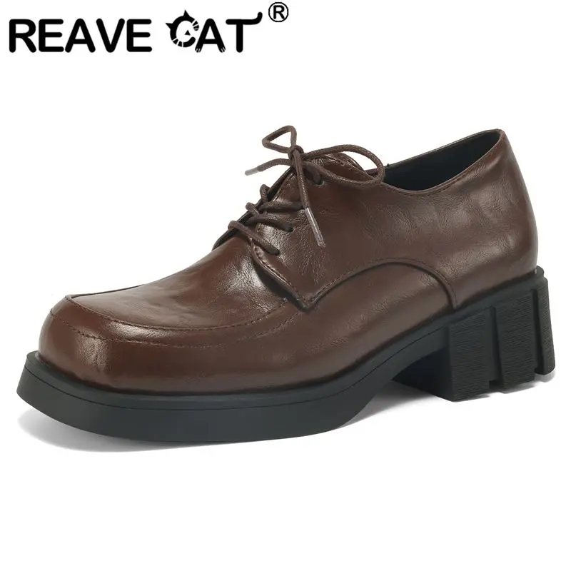 

REAVE CAT Luxury 2025 Female Pumps Round Toe Block Heels Lace Up Shallow Large Size 41 42 43 Vintage Leisure Daily Women Shoes