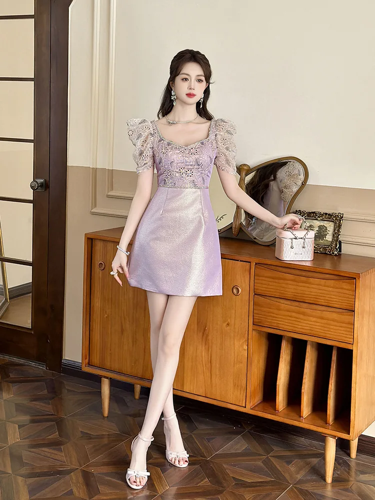 

Coigarsam Women Summer New Office Lady French Style Patchwork Solid Lace Puff Sleeve Diamonds Square Collar Dresses
