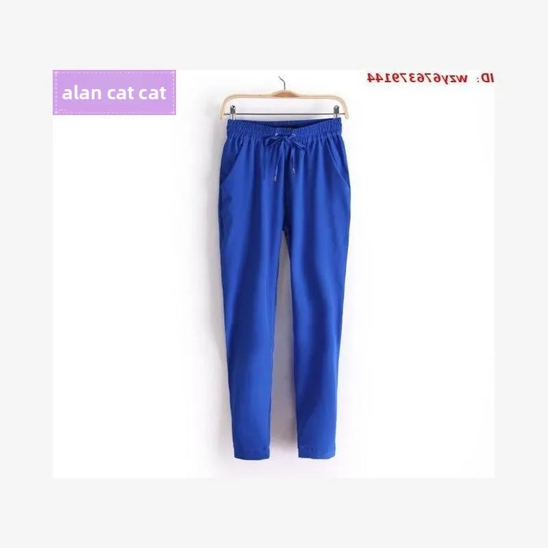 กางเกงชีฟองลำลองสำหรับผู้หญิง ฤดูร้อน ผ้าบาง เอวต่ำ ความยาวเก้าส่วน ทรงฮาร์แลน หวาน สไตล์หวาน ผลิตจากเส้นใยโพลีเอสเตอร์ 100%