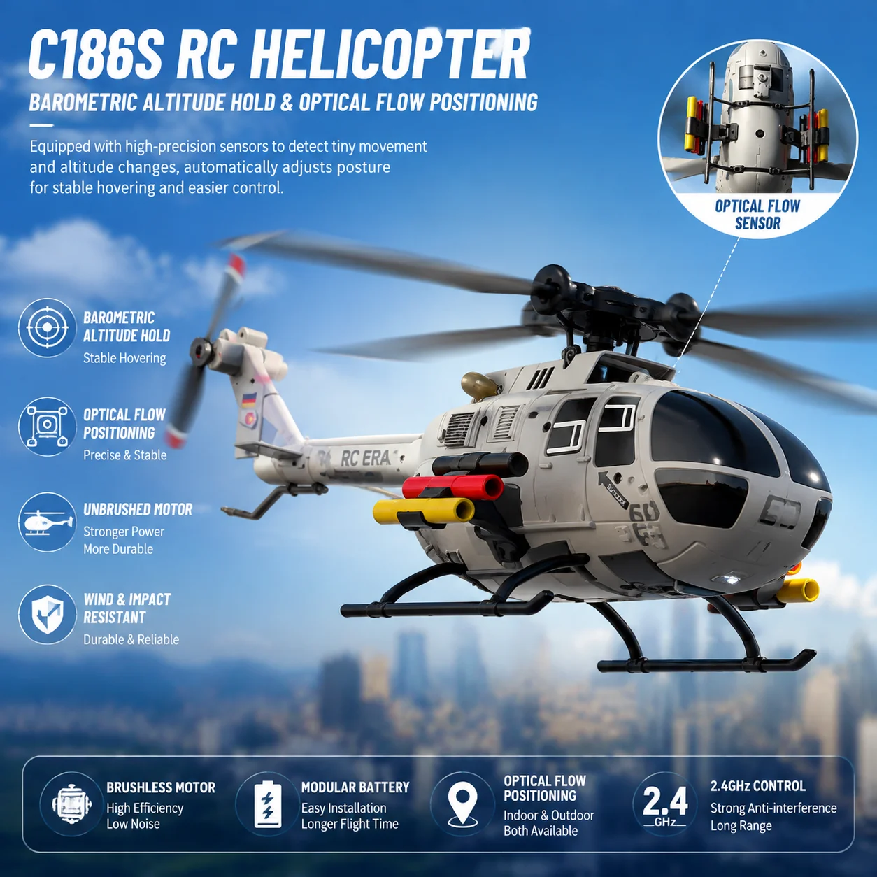 RC EAR BO105 RC Helicopter C186S Brushless Optical Flow Positioning Scale Realistic Model Aircraft