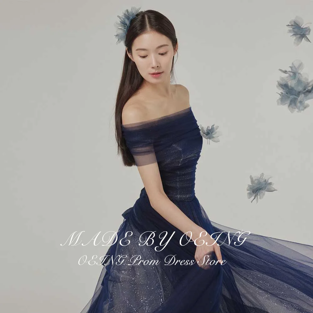 OEING Glitter Navy Blue Tulle Long Prom Gowns Fairy Off the Shoulder Photoshoot Evening Dresses Korea Wedding Party Dress Gala