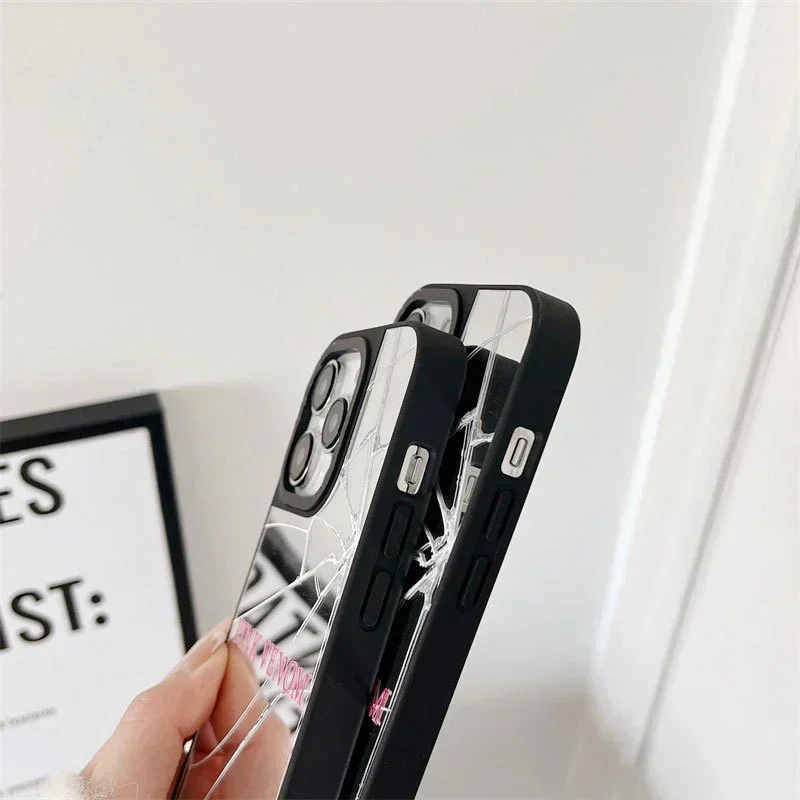 Glass Crack Letters Mirror Surface Phone Case Cover for IPhone 14 13 12 11 15 16 Pro Max Case for IPhone 15 16 Pro Max