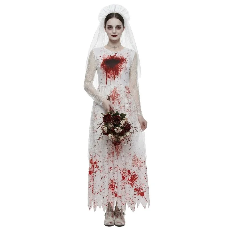 Women Bloody Ghost Bride Cosplay Costume Halloween Horror Zombie Brides White Wedding Dress Scary Party Fancy Outfits