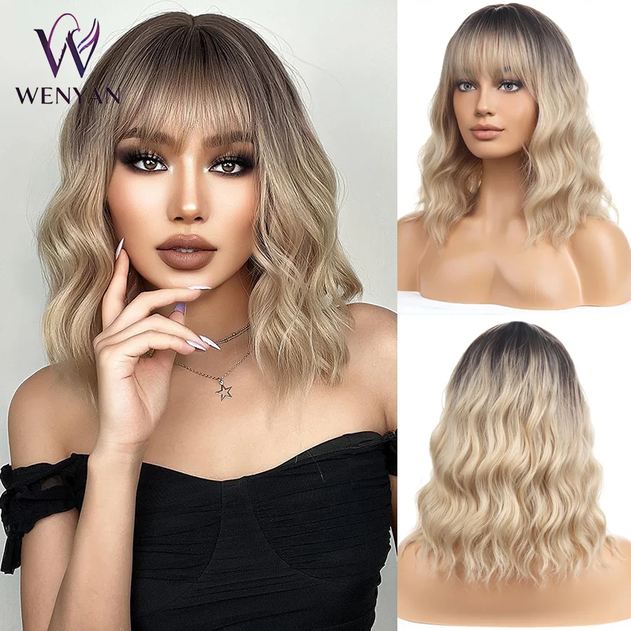 

14inch Short Blonde Wig with Bangs, Synthetic Wavy Curly Ombre Blonde Hair Wig, Heat Resistant for Women Daily & Party Use