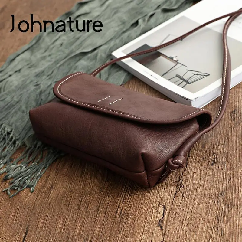 Johnature Handmade Retro Soft Cow Leather Women Bag 2024 New Simple Solid Color Shoulder Bags Leisure Ladies Small Messenger Bag