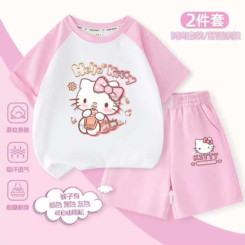 

Hello Kitty Ins Kawaii Sanrio Animes Short Sleeve Pants Set Summer Cute Cartoon Casual Shirt Clothing Two-Piece Set Kids Gifts