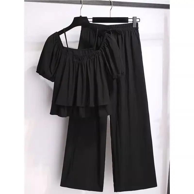 Setelan Dua Potong Wanita Celana Lebar Kasual Modis Musim Panas Anti Penuaan Trendi Ukuran Besar Pakaian Wanita