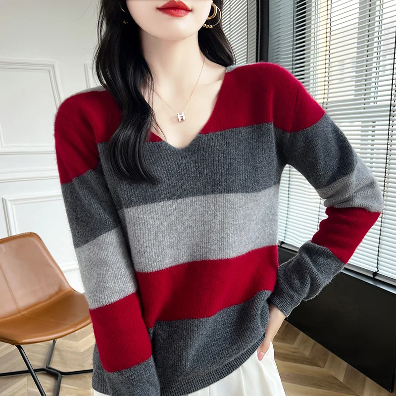 Maglione di lana con scollo a v femminile donna autunno/inverno maglione a righe grandi maglia allentata camicia Base europa stazione Cashmere abbigliamento donna