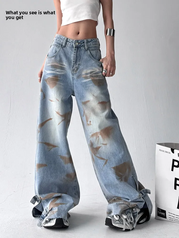 

High Waist Wide Leg Pants Dyed New Style Spring Loose Straight Long Trousers Women's Floor Length Dirty Jeans Cotton Elastic ...