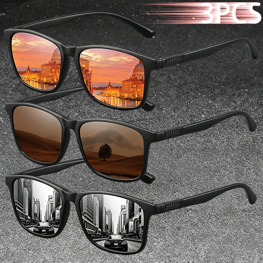 3PCS Classic Fashion Vintage Check Square Eyewear Men Women Driving Fishing Sunglasses Men Brand Designer Men Travel Sun Glasses