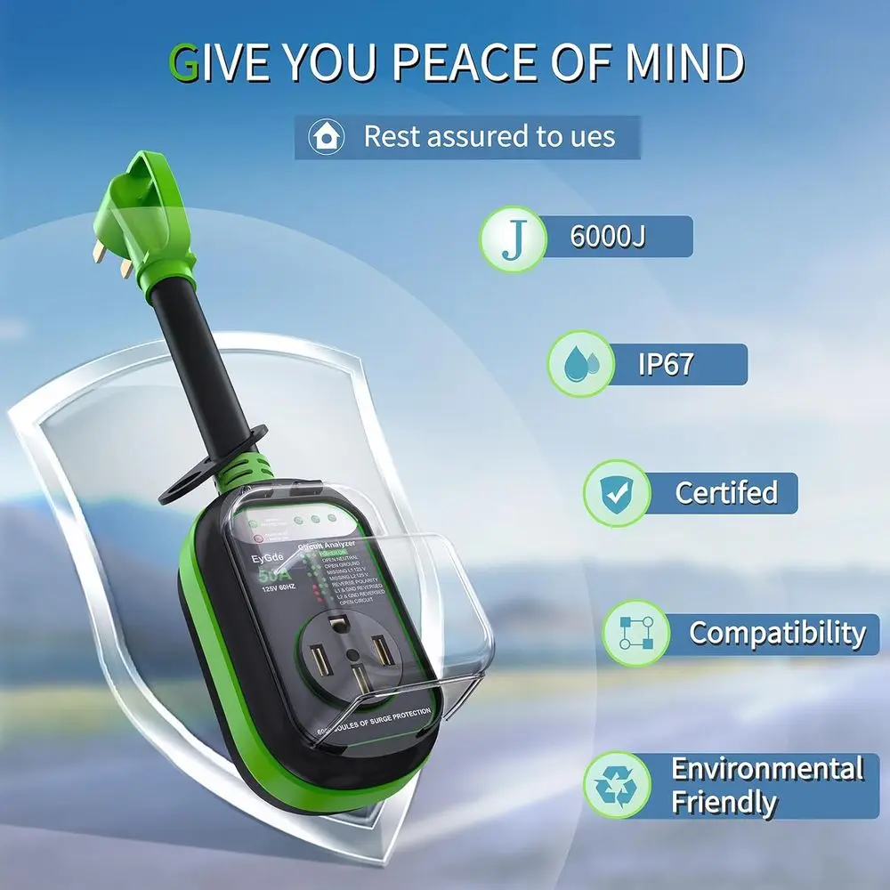 EyGde RV Surge Protector 50 أمبير مقاوم للماء - محلل دائرة RV لحماية الجهد الكهربائي لمقطورة السفر للتخييم، أخضر #2