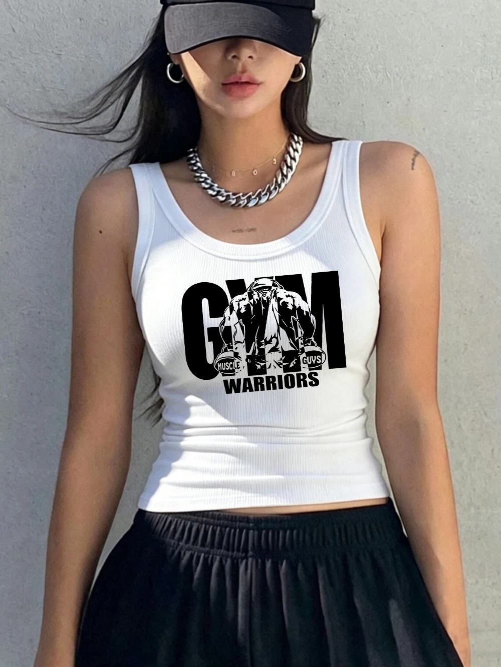 Strong Gym Warriors Printed Tank Tops Sporty Womens Ribbed Knit Sleeveless Korean Soft Slim Cotton Singlet Summer O-Neck Vest