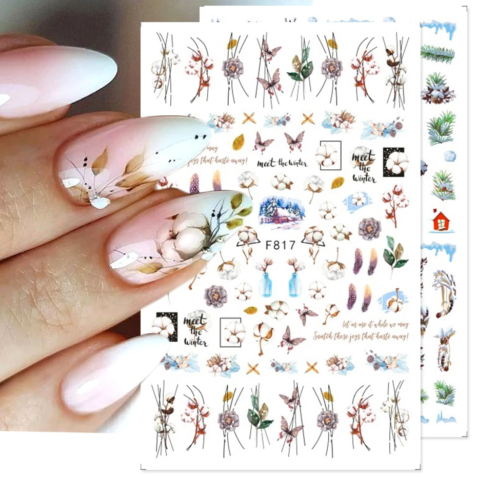 Cotton 3D Nail Stickers White Snow Elk Tree Wonderland Adhesive Transfer Decals Winter Autumn Design Cute Slider Manicure Tips