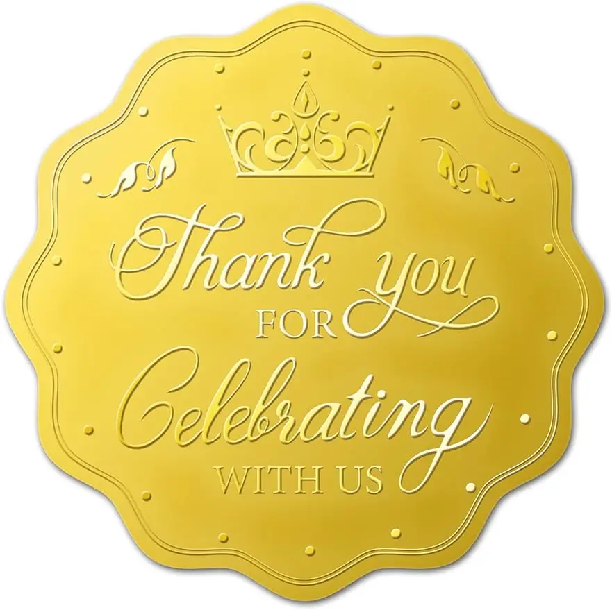 

100Pcs "Thank You for Celebrating with us" Self Adhesive Gold Foil Embossed Stickers Medal Decoration Labels for Invitations