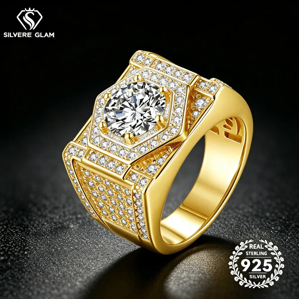 S925 Sterling Silver Square Halo Signet D VVS1 Moissanite Pave Ring Fine Jewelry Men Hip Hop Wedding Statement Ring