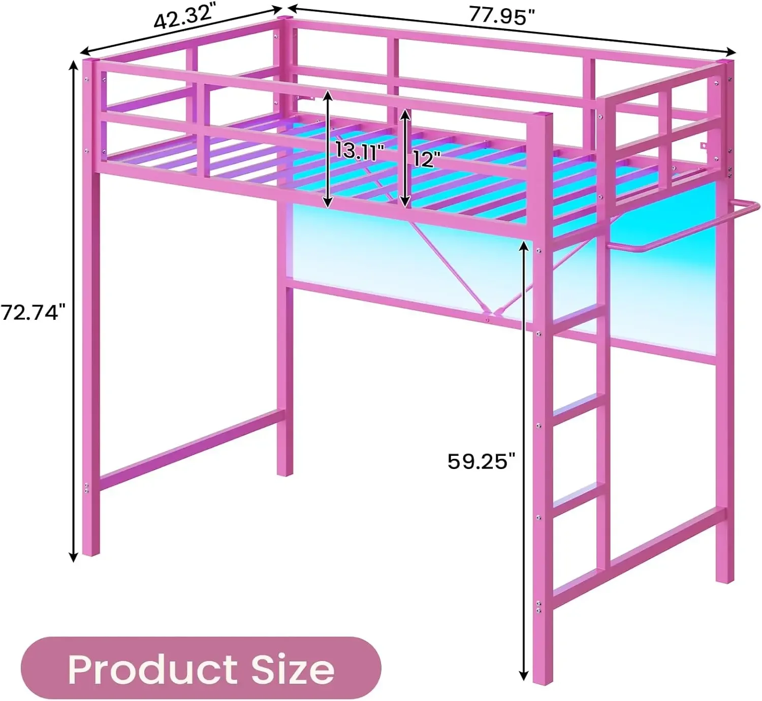 [High-Quality, Hot Deal!]Twin Pink Loft Bed with LED Lights, Loft Bed Twin Size with Full-Length Guardrail &Clothes Rack, Heavy