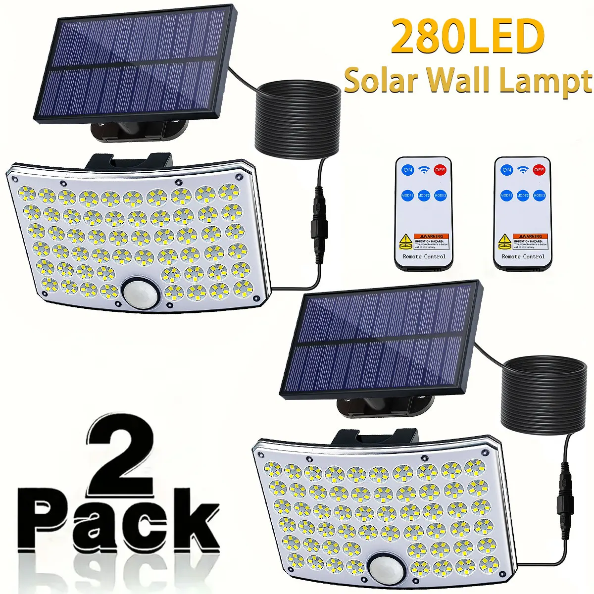 2PCS 280 LEDs Solar Outdoor Lamp, 3 Modes Split Panel Solar Motion Sensor Security Lamp with Remote, IP65 Waterproof for Garden Yard Driveway Decor Night Lamp