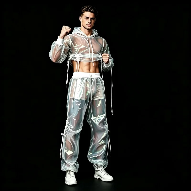 Unisex Hip Hop Dance Outfit 2-Piece Set with Transparent Hooded Crop Top And Reflective Pants for Jazz Performance Stage Costume