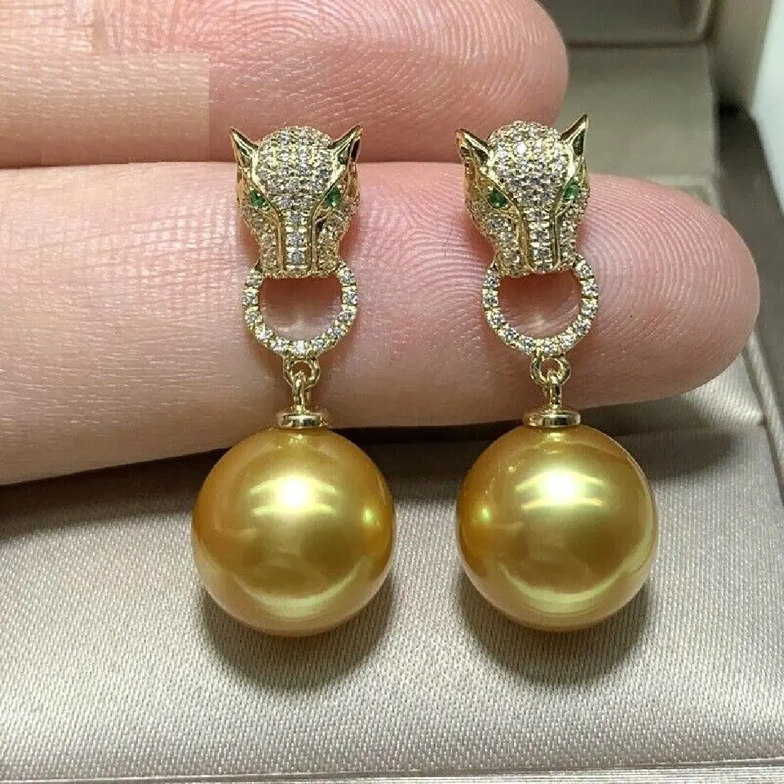 

new gorgeous AAA 11-12mm round South China Sea gold pearl earrings 925s silver