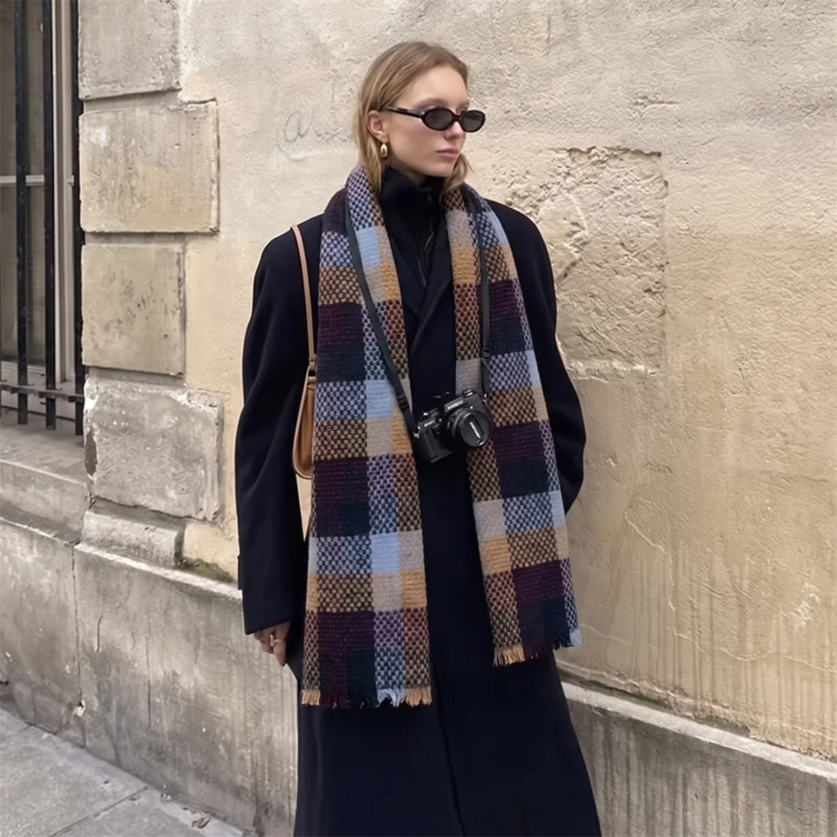Women Autumn Winter Imitation Cashmere Scarf Colorful Square Check Fringe Shawl Thick Warm Vintage Outdoor Travel Neck Wrap