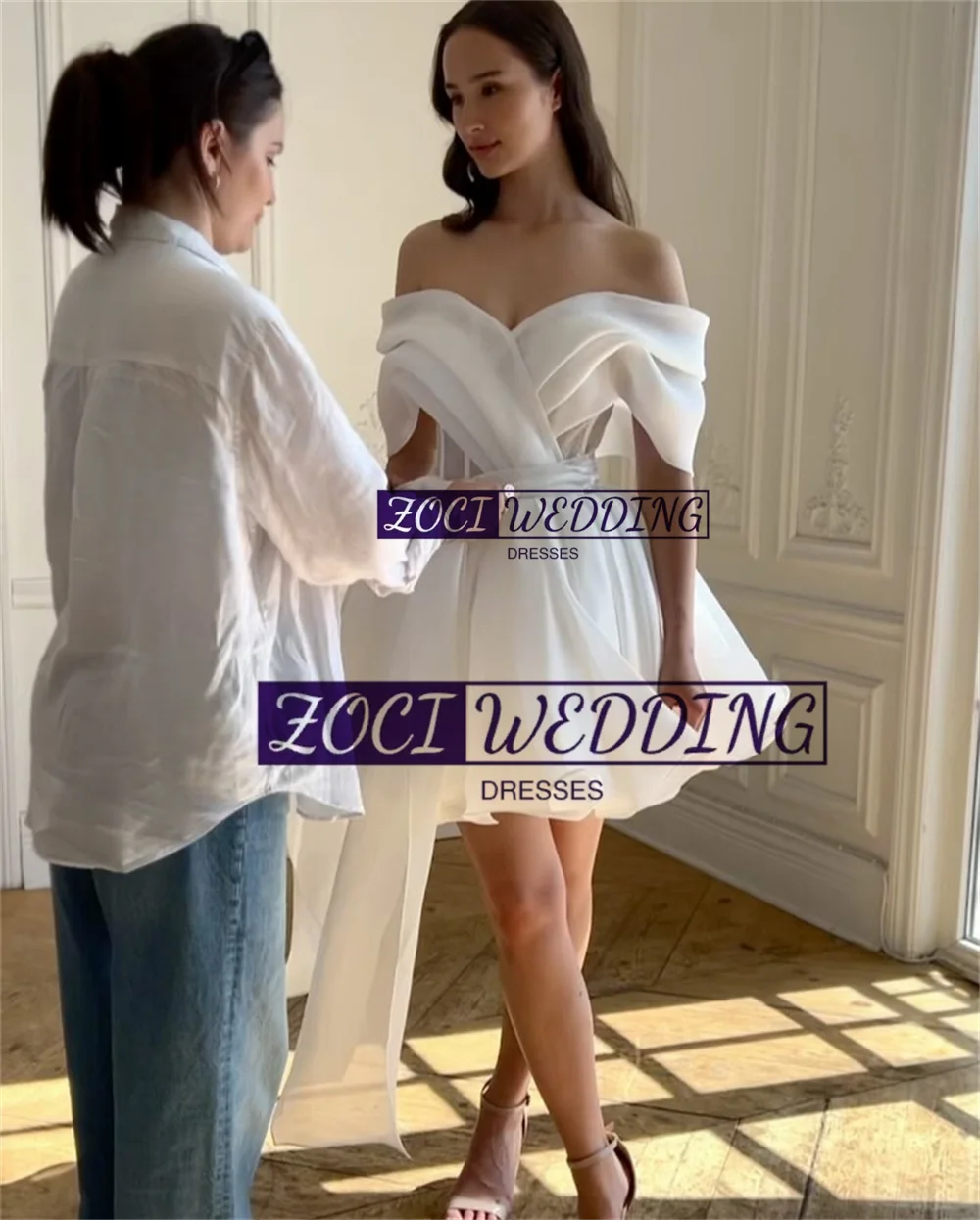 Zoci moderne off-shoulder korte trouwjurken organza bruidjurk met lange mouwen op maat gemaakte rugloze bruiloftsjurk boven de knie