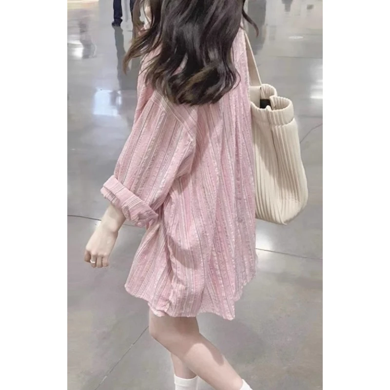 

Pink Striped Loose Long Sleeve Women's Shirt Jacket Summer New Design Sun Protection Open Cardigan Top Cotton Polyester Blend
