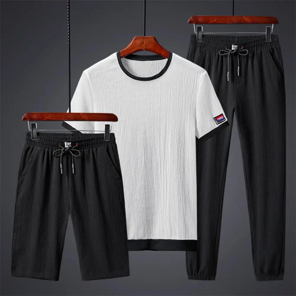 Mens 3 Piece Fashion Sports Suit Men T-shirt Shorts Trousers Ice Silk Gym Outfit Jogging Polyester Men Sportwear Set Streetwear