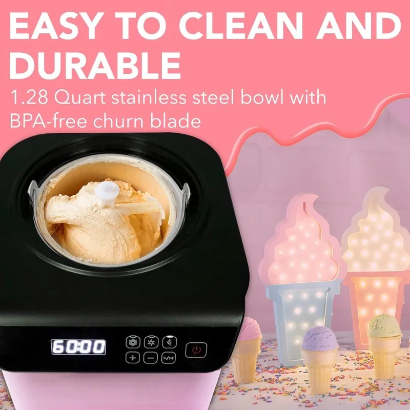 Ice Cream Maker Machine Automatic 1.28 Qt Upright with Built-In Compressor, LCD Digital Display & Timer, No Pre-Freezing