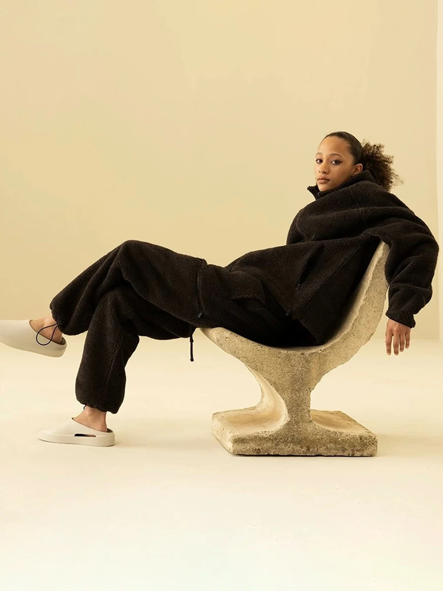 American Sle Loose Fit Straight Leg Sweatpants Heavyweight Lamb Velvet Casual Trousers Youth Polyester Fiber Spring Autumn