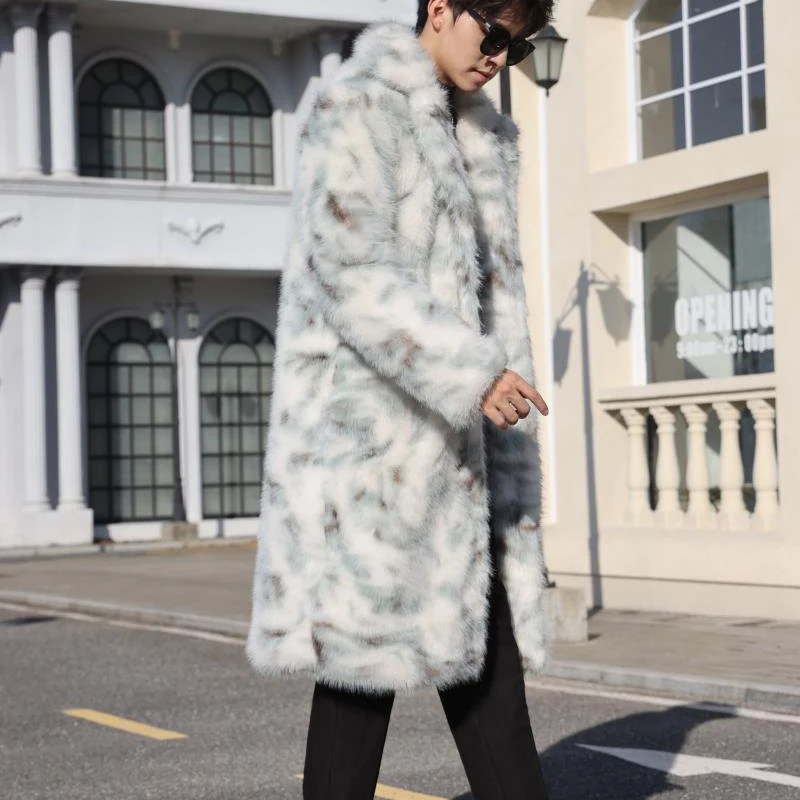 PFHQ Long Knee Length Faux Fur Coat Turn-down Collar 2024 Korea Fashion Contrast Color Long Sleeve Male Tops Jacket 21Z5563