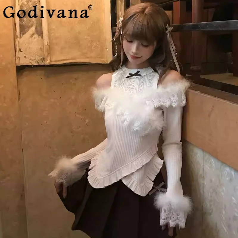 

Original Sweet Off-Shoulder Long Sleeve Sweater Skirt 2-Piece Set for women Spring and Autum Girls Slim Fit Sweater Skirt Outfit