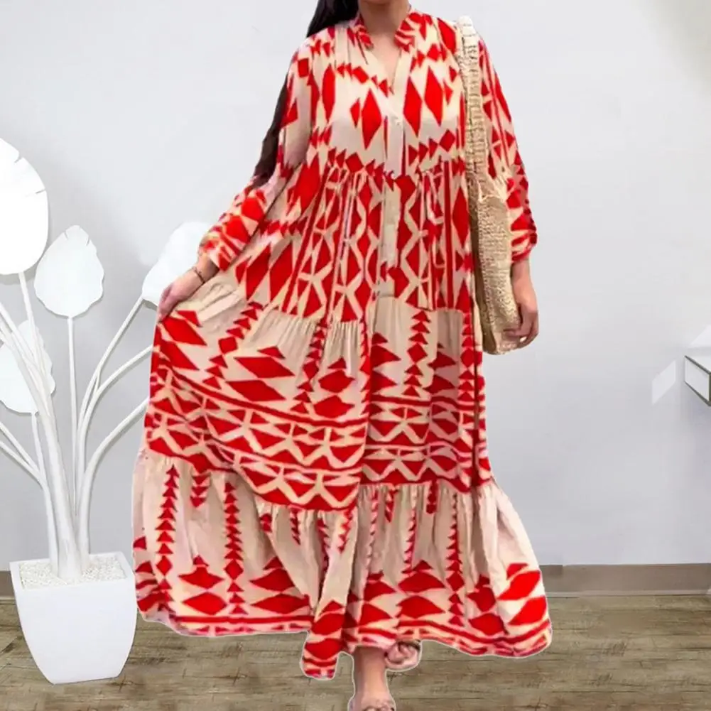 

Printed Dress Bohemian Maxi Dress with Stand Collar Pleated Patchwork Women's Fall Spring A-line Loose Dress in Color Matching