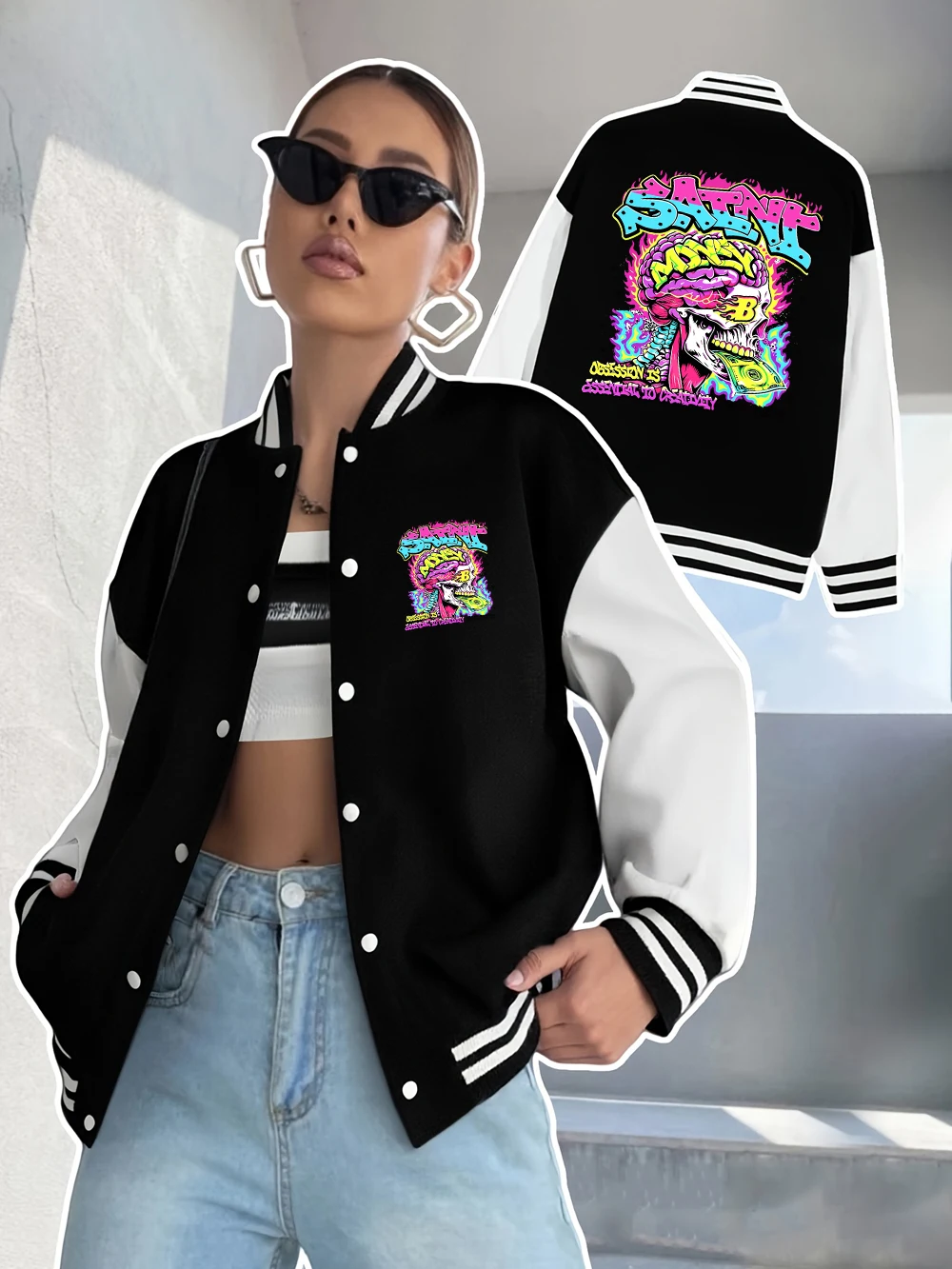 Saint Money Skull Printing Jackets Women Winter Fleece Warm Baseball Jersey Casual Pocket Comfortable Coats Street Loose Clothes