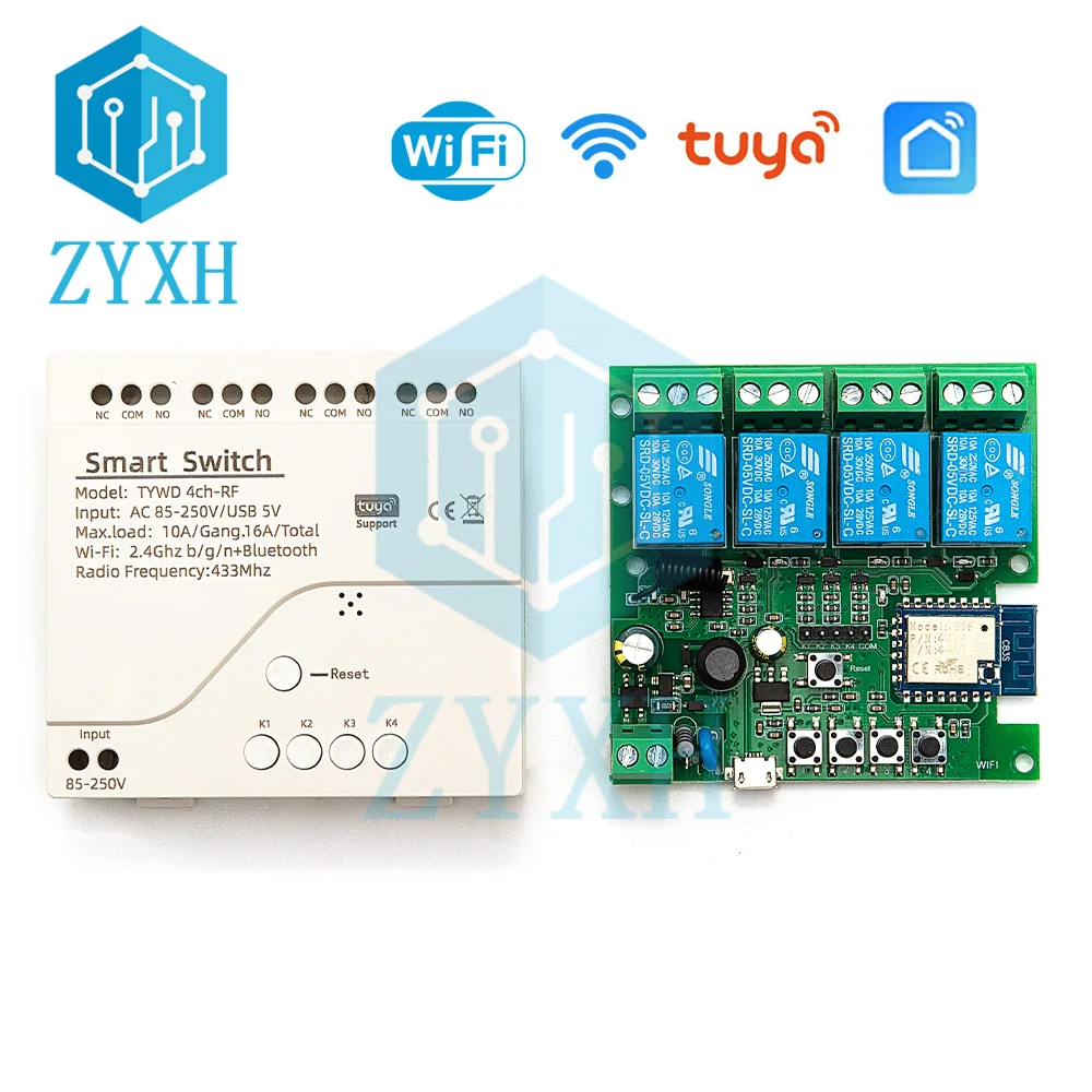 4 Channel Tuya Smart Wireless WiFi Switch Module DC 7-32V AC 85-250 USB 5V APP Remote Control with Shell Smart Home Applicance