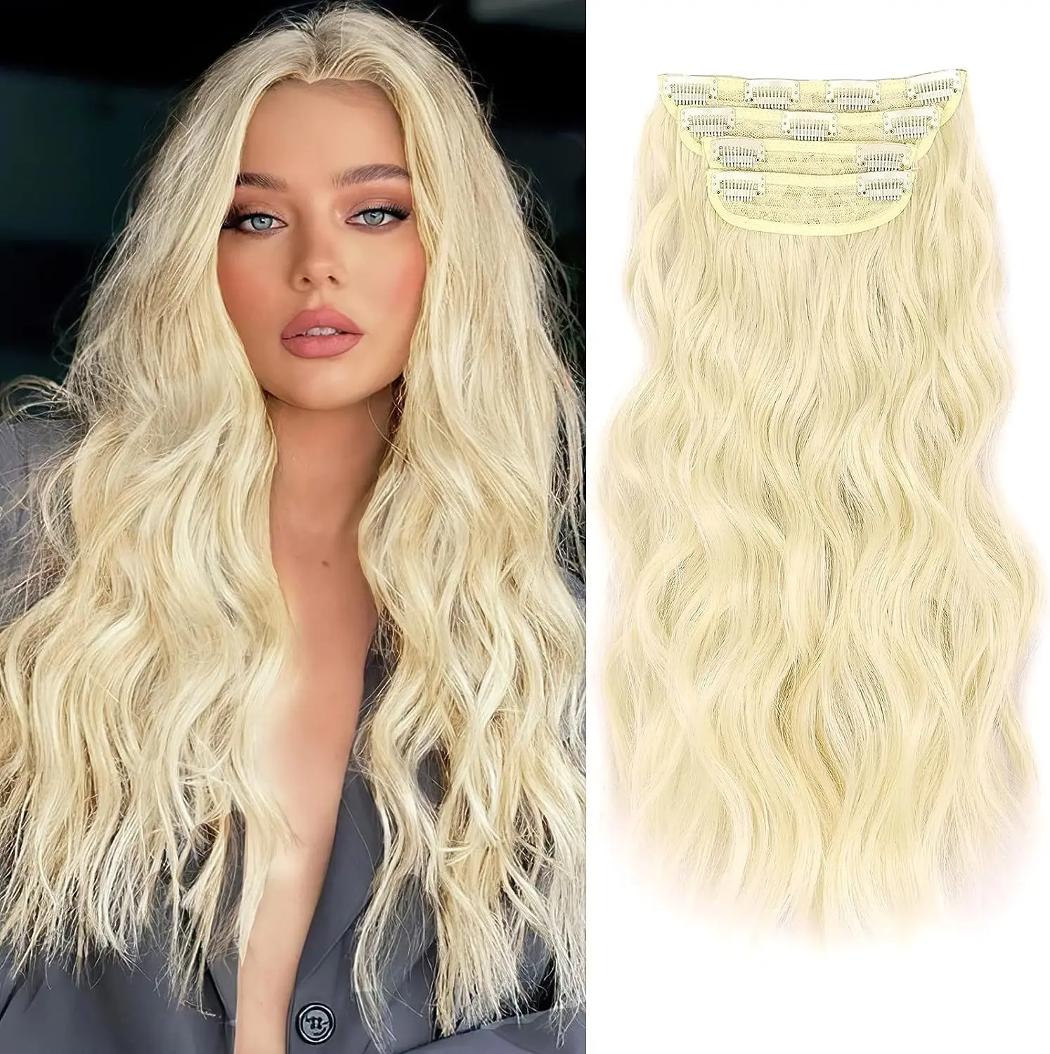 

4PCS Clips in Hair Extensions 11Clips 180g Thick Hair Honey Blonde Mixed Light Brown 20 Inch Long Wavy Synthetic Hair Extensions