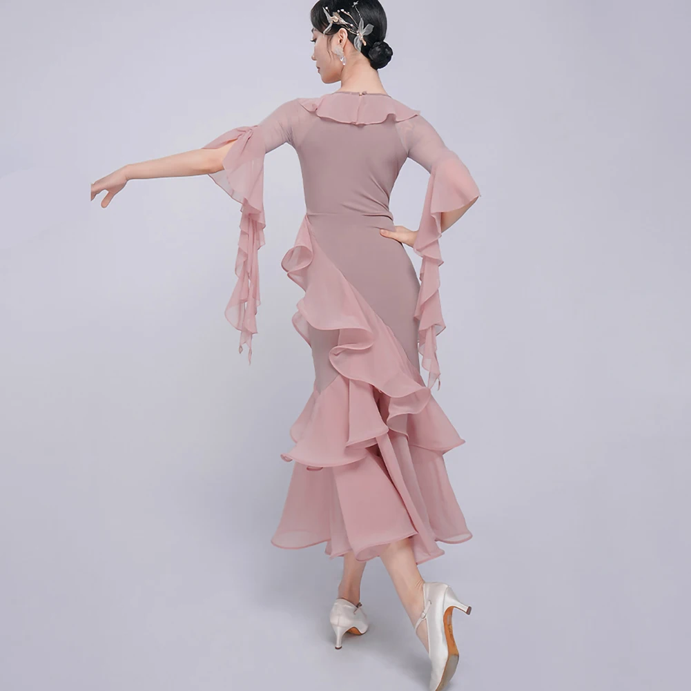 Flamenco Skirts Ruffled Dance Dresses V-collar Long Dress Fragrant Snow Green Middle Sleeve National Standard Dance Black New