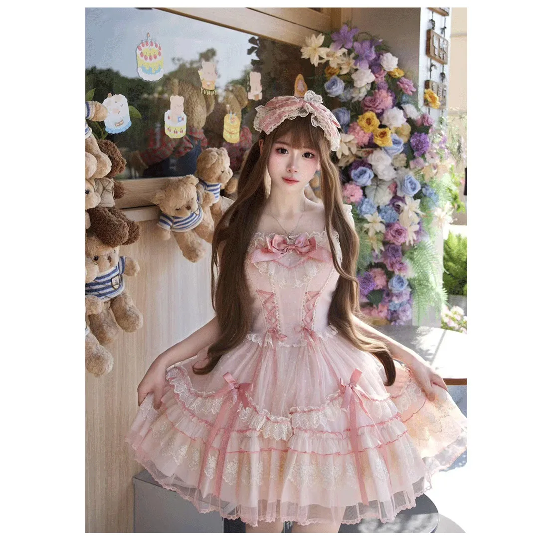 JSK – robe à bretelles rose Style princesse originale pour filles japonaises, jolie robe Lolita en dentelle avec nœud, Mini robe quotidienne sans manches pour femmes